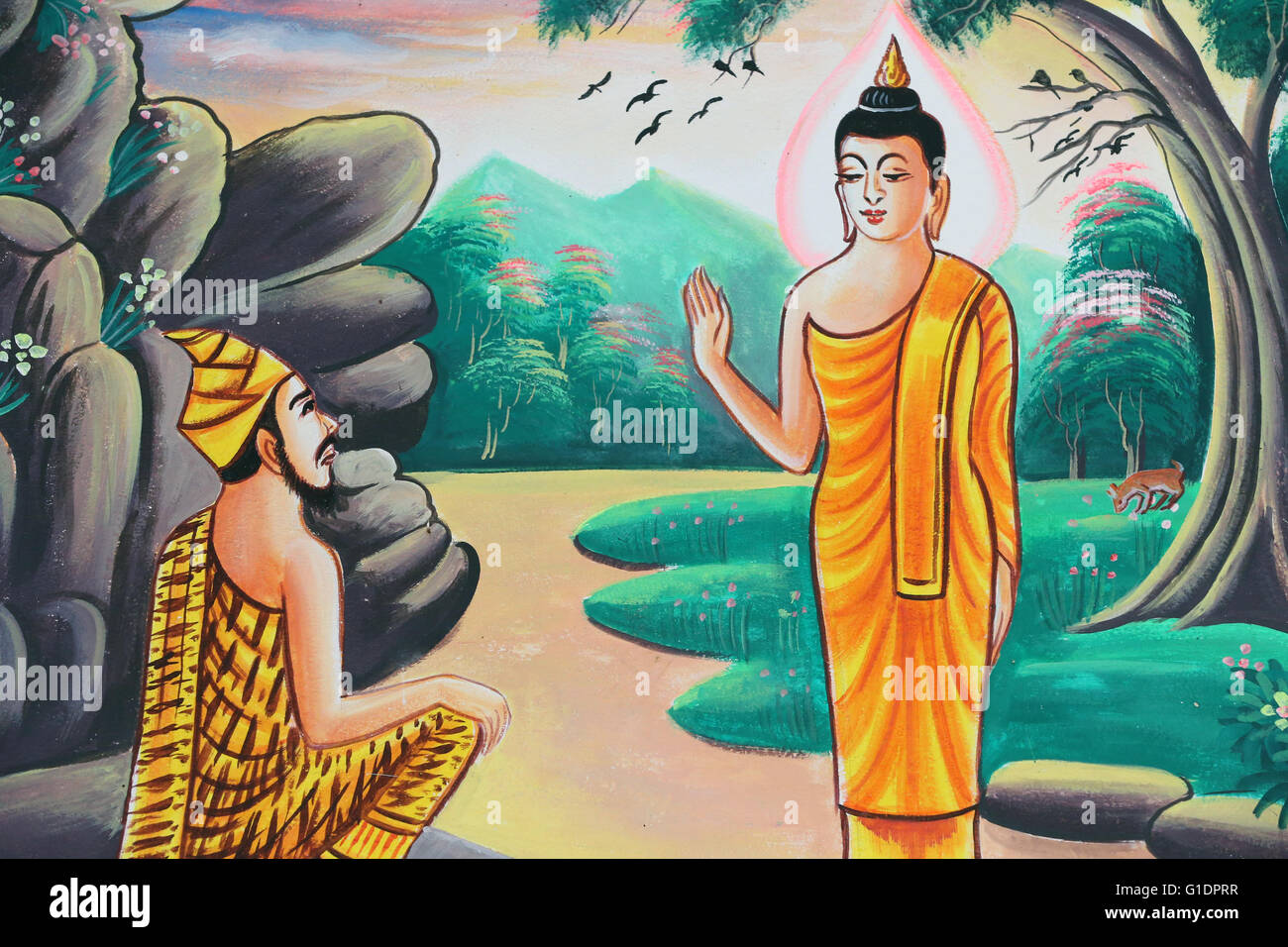 Painting depicting the life story of Shakyamuni Buddha. Kasi. Laos. Stock Photo