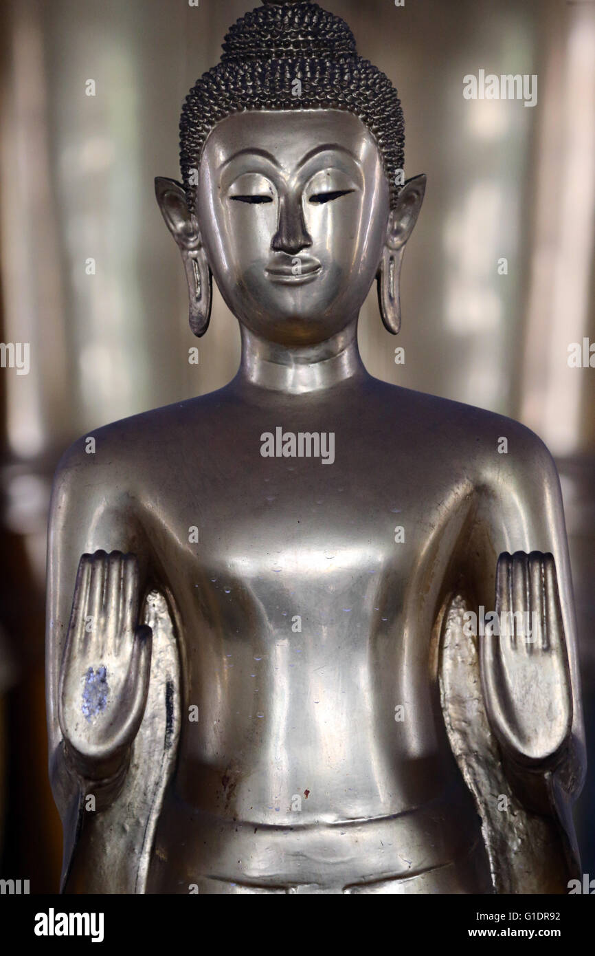 Standing Buddha in the attitude of calming the ocean. Wat Pho  (Temple Of The Reclining Buddha), Bangkok.   Thailand. Stock Photo