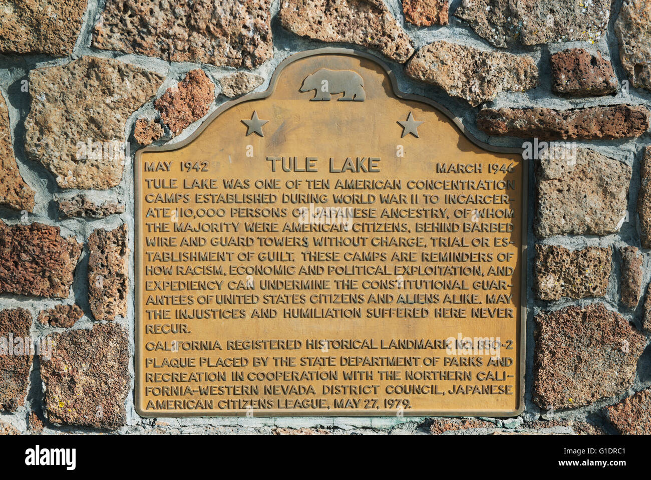 Tule Lake, largest and most controversial of the ten War Relocation Authority (WRA) camps, California, historical marker Stock Photo