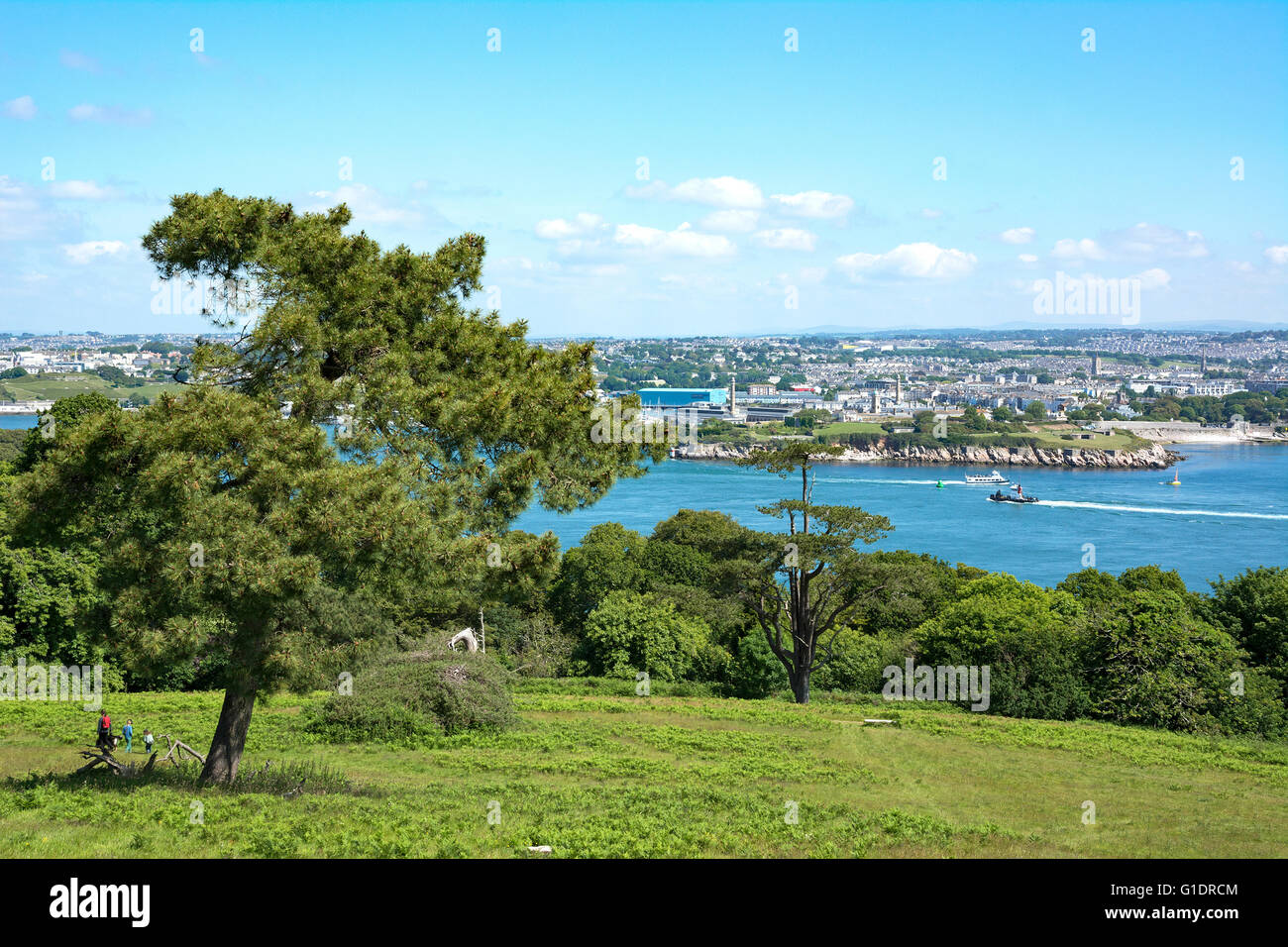 A view of Plymouth in Devon, Uk from across the sound at Mount Edgecumbe Stock Photo