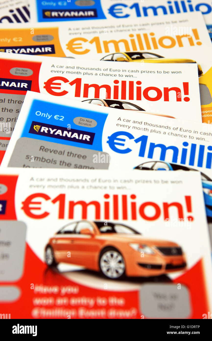 Ryanair scratch cards. Sold on Ryanair flights, a proportion of the proceeds go to a charity selected by the airline Stock Photo