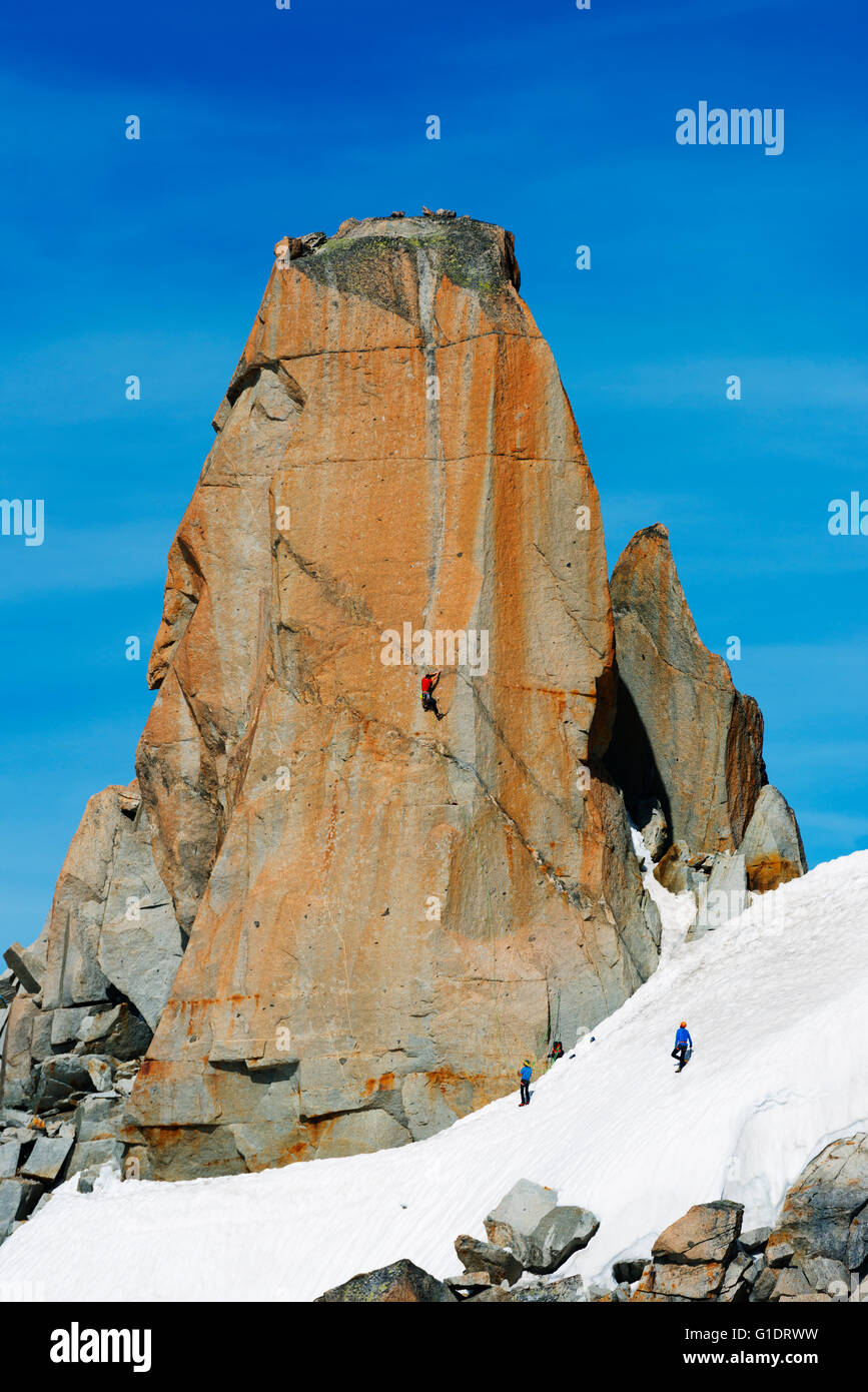 Europe, France, Haute Savoie, Rhone Alps, Chamonix, Aiguille du Midi, rock climbing Digital Crack on Cosmique Arete Stock Photo