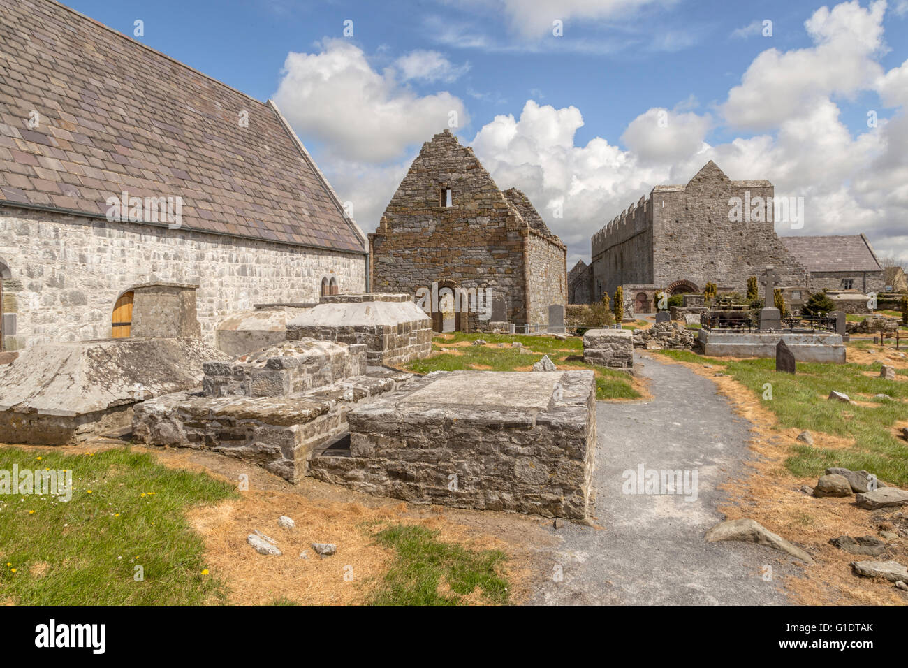 Temple-na-Griffin, a 15th-century church, Temple-na-hoe, late Romanesque church, far right Ardfert Cathedral, Co. Kerry, Ireland Stock Photo