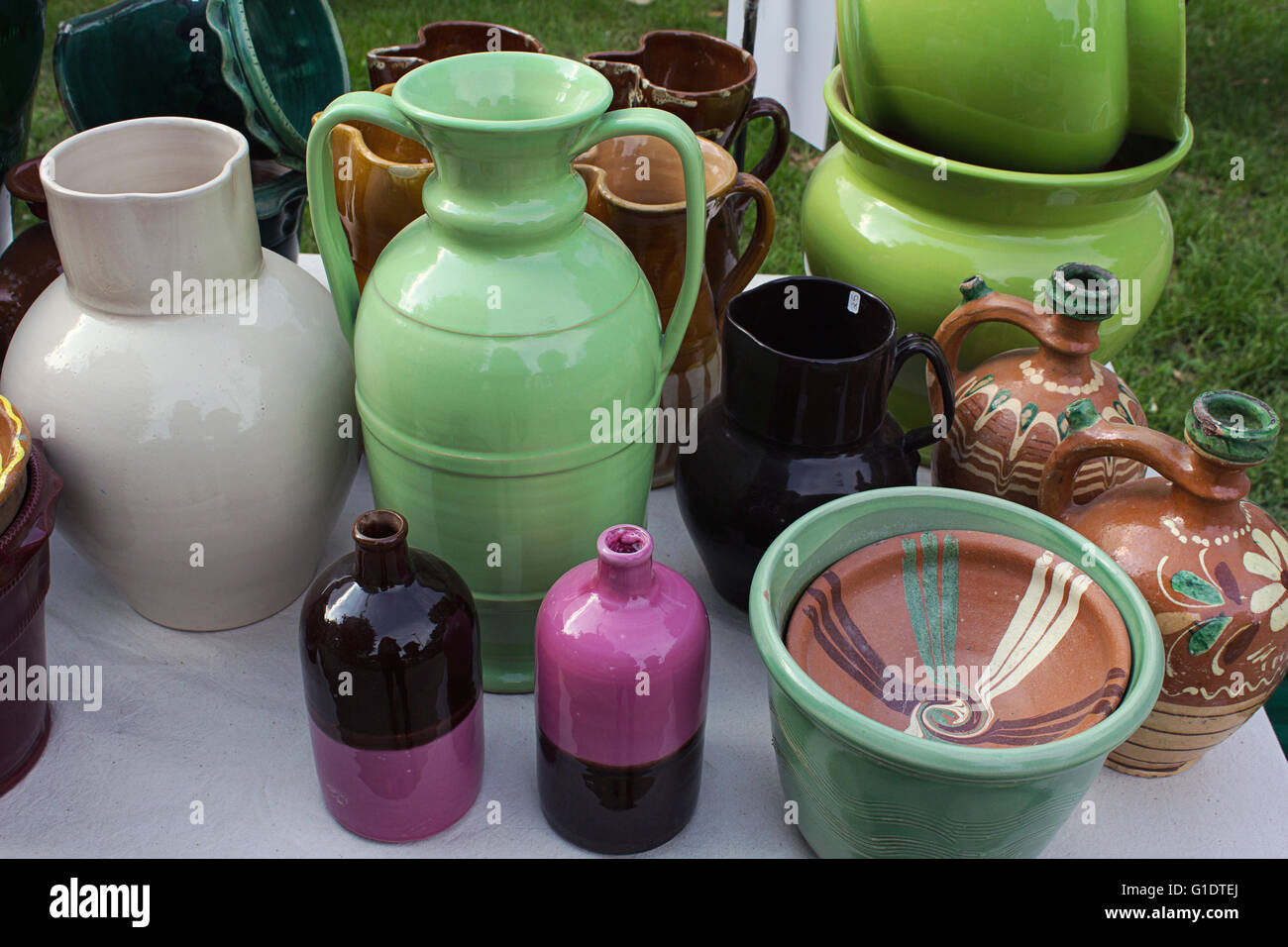 Collection of colorful, decorative and big vases for the garden