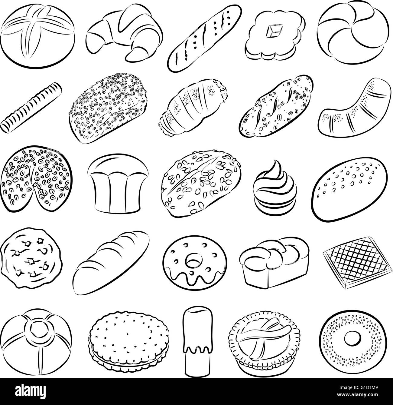 Vector collection of bakery and pastry food in line art mode Stock Vector