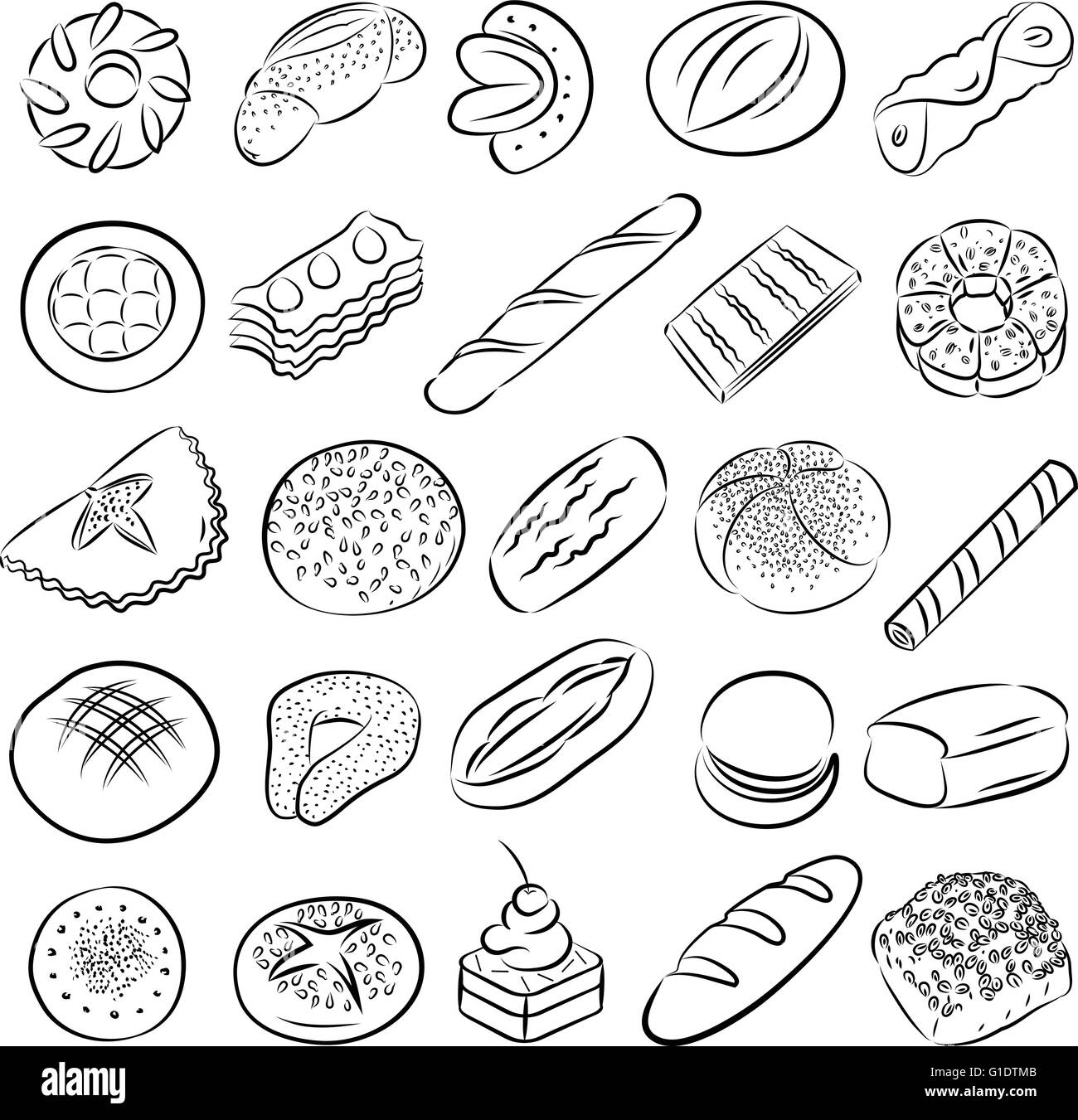 Vector collection of bakery and pastry food in line art mode Stock Vector