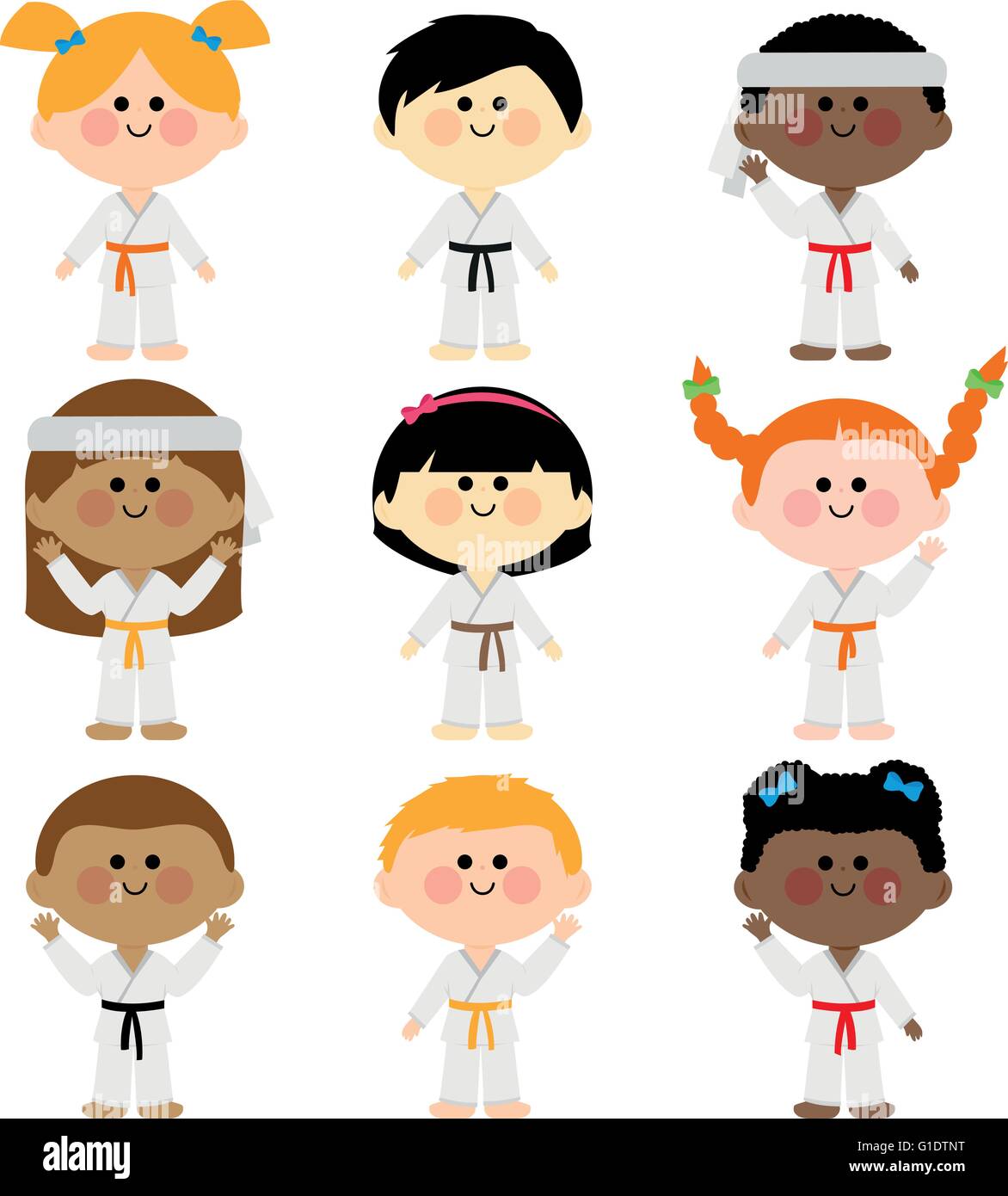 Children wearing martial arts uniforms: karate, Taekwondo, judo, jujitsu, kickboxing, or kung fu suits vector set Stock Vector