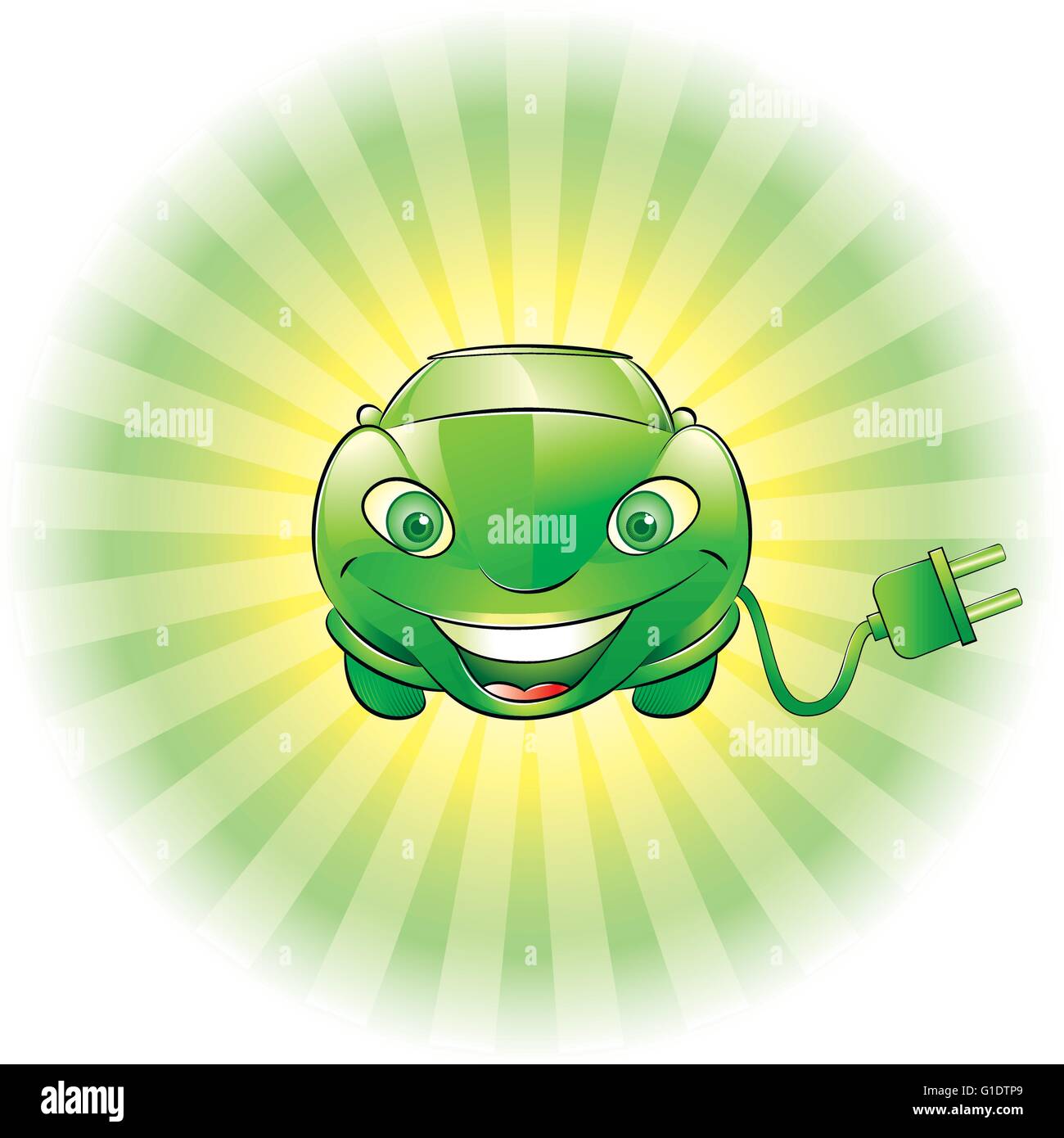 vector illustration of a smiling green electric car with plug Stock Vector