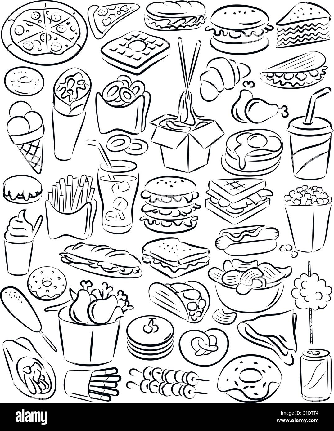 vector-illustration-of-fast-food-collection-in-line-art-mode-stock