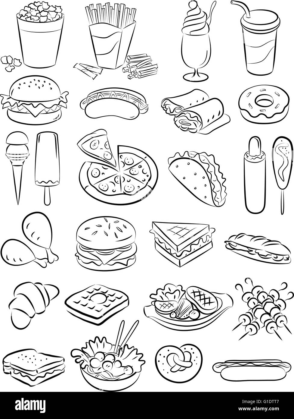 vector illustration of fast food icon collection in line art mode Stock Vector
