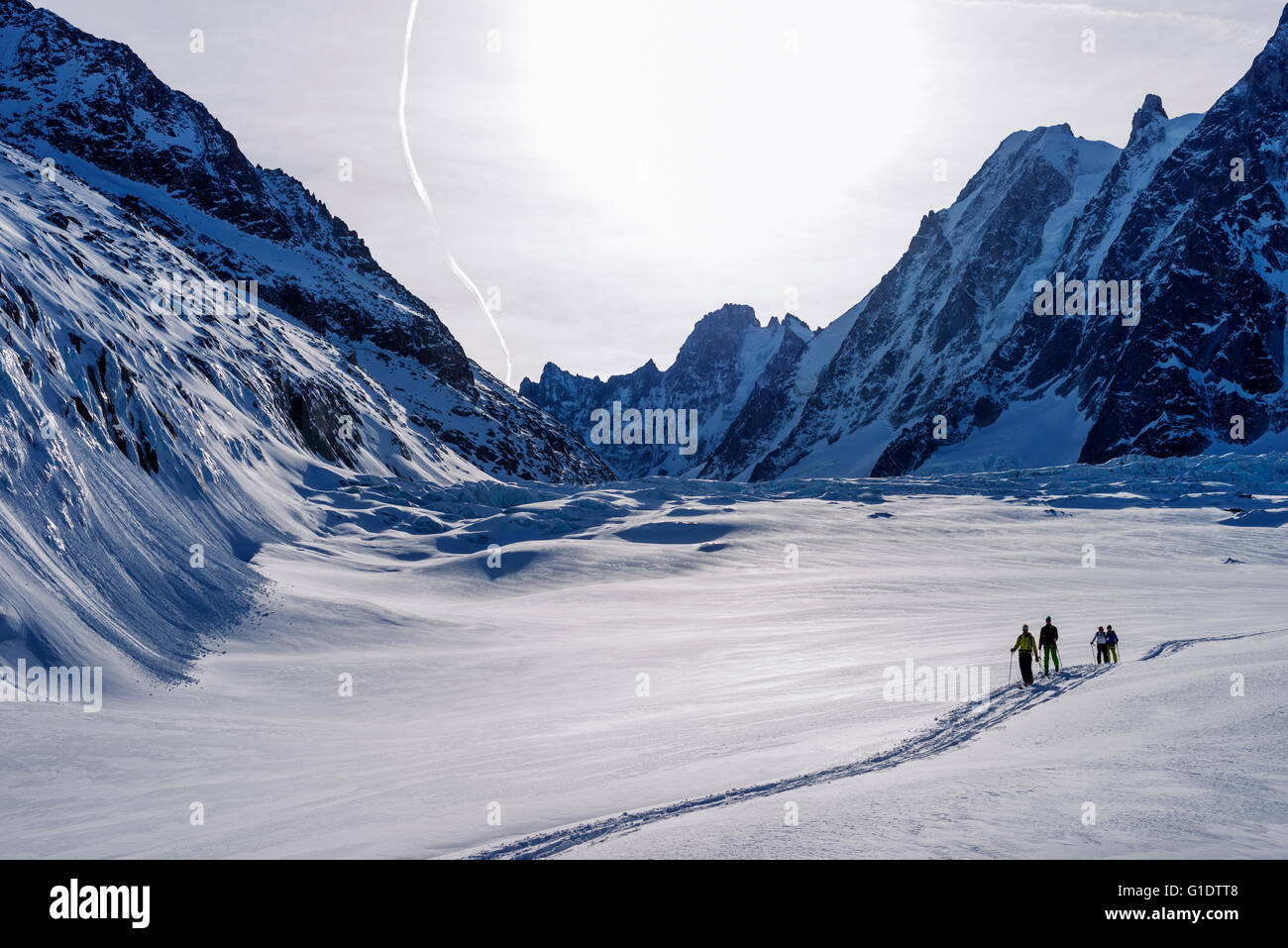 Europe, France, Haute Savoie, Rhone Alps, Chamonix, ski touring on glacier de Argentiere Stock Photo