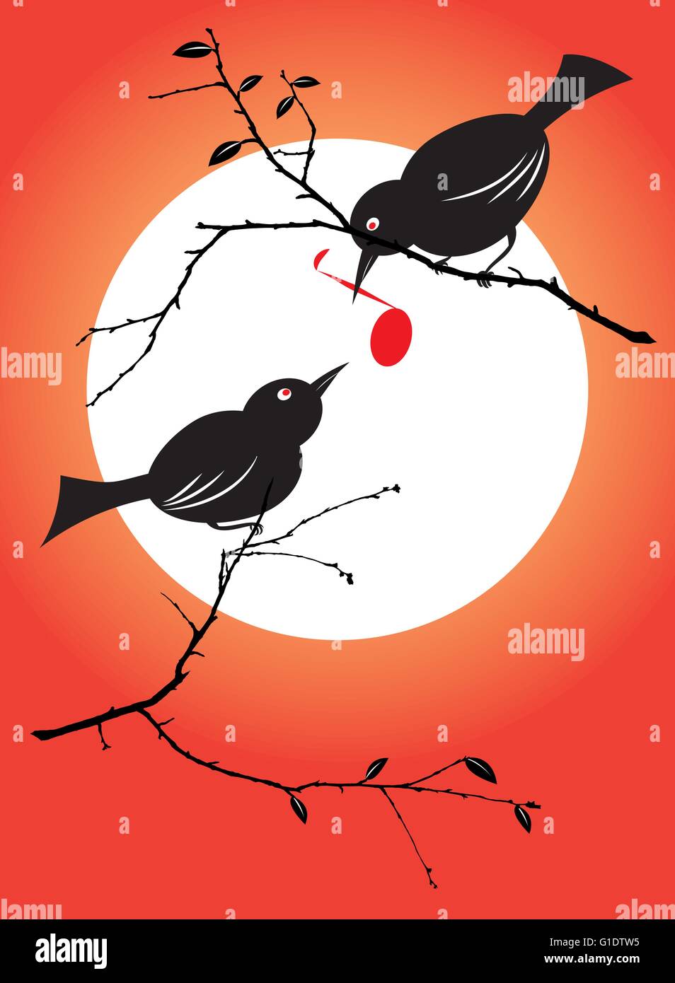 vector illustration of a bird couple feeding each other with a musical symbol Stock Vector