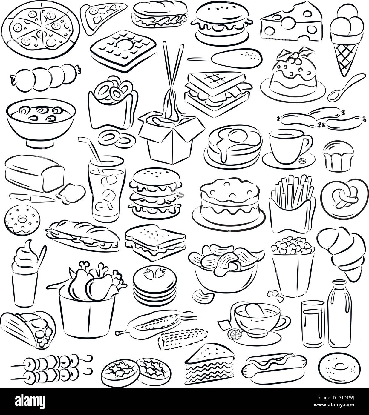 vector illustration of food and drink collection in line art mode Stock Vector