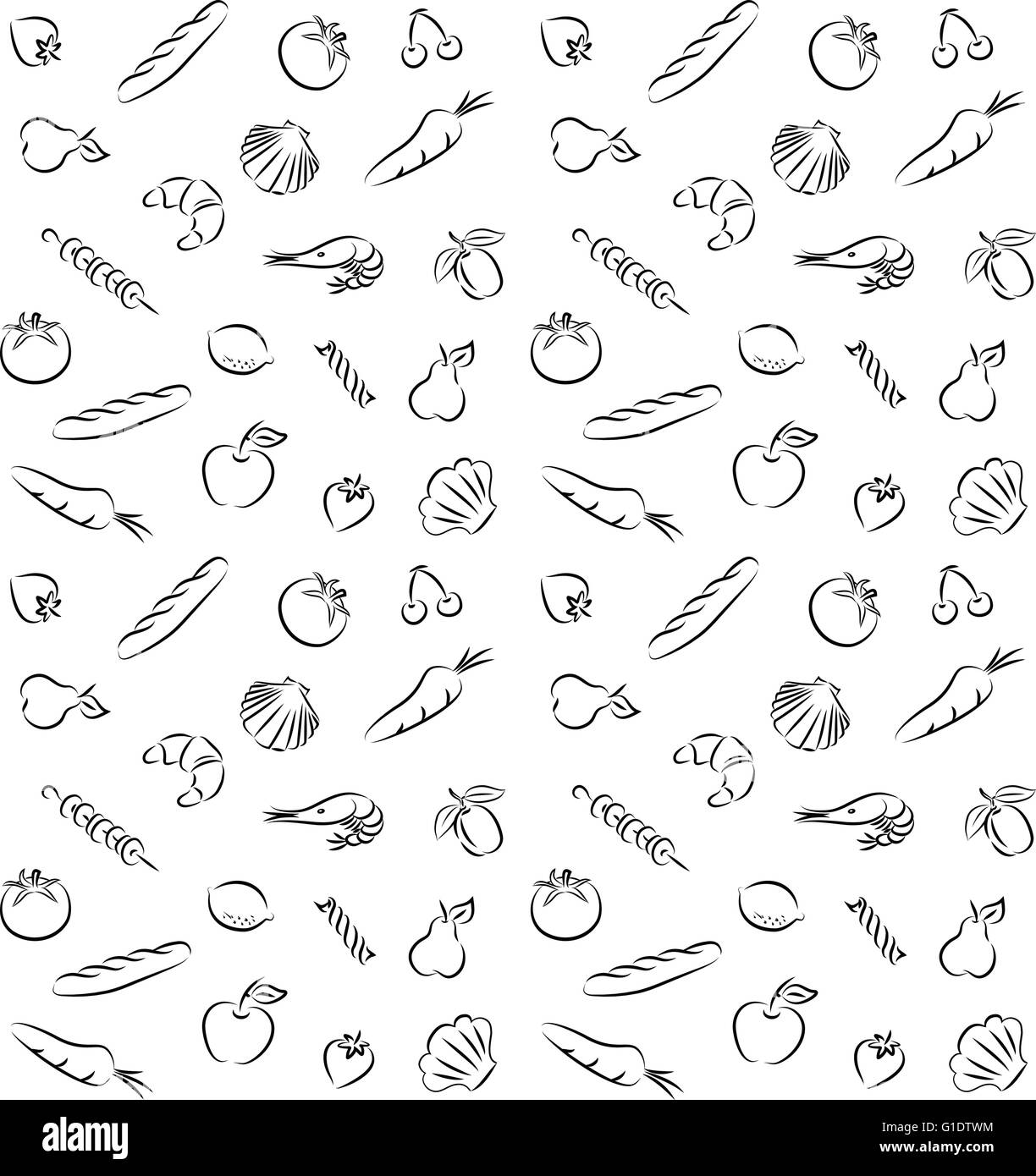 vector pattern of seamless background with food in line art mode Stock Vector