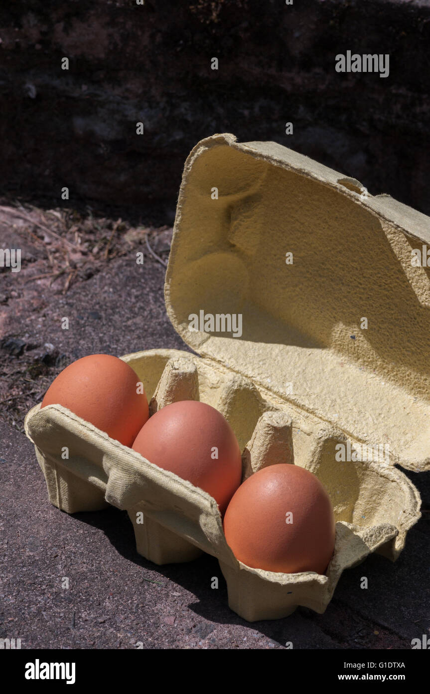 Three large eggs in a recycled yellow box on paving. Outside in