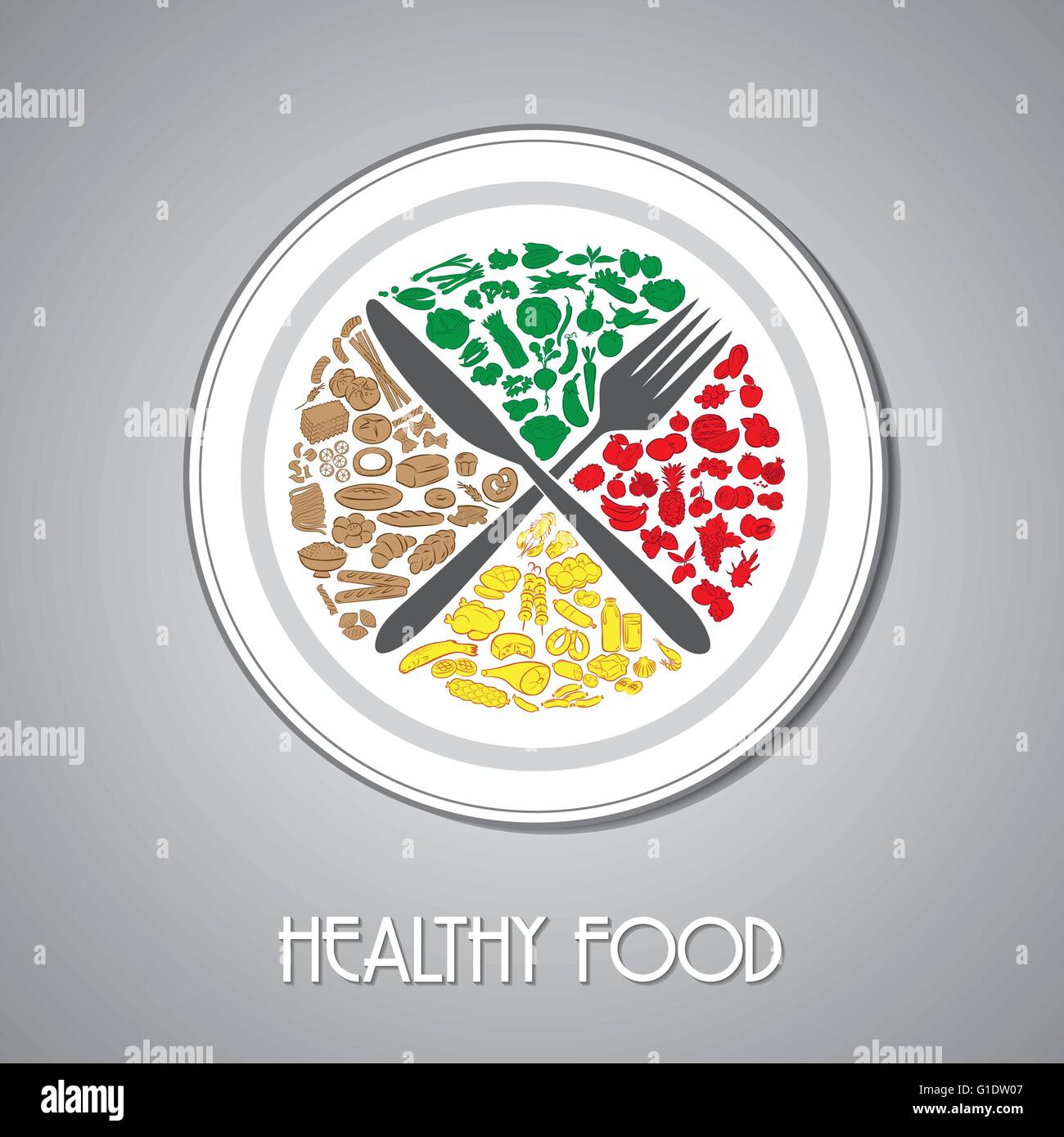 vector illustration of crossed knife and fork with foods on plate Stock