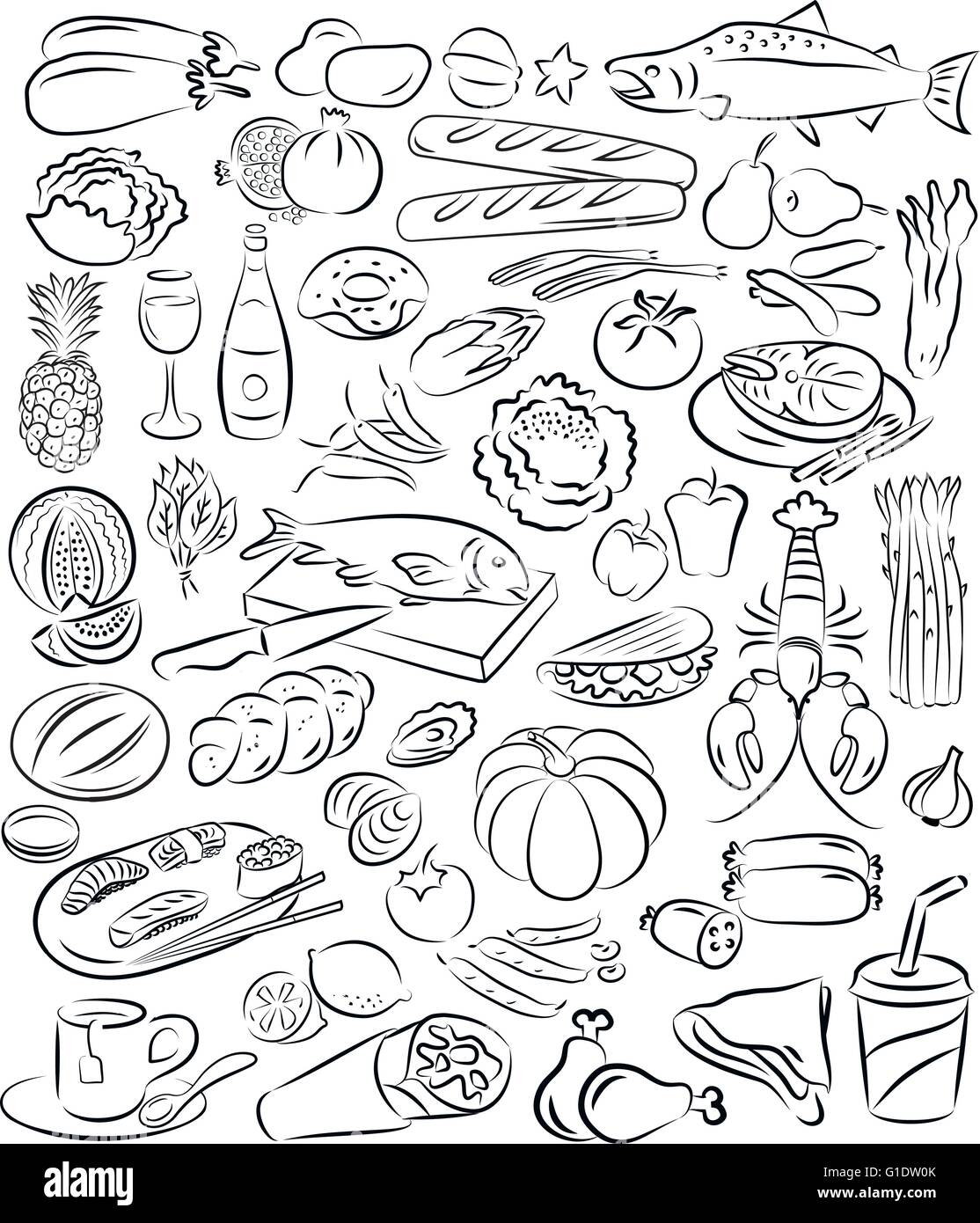 vector illustration of food collection in line art mode Stock Vector