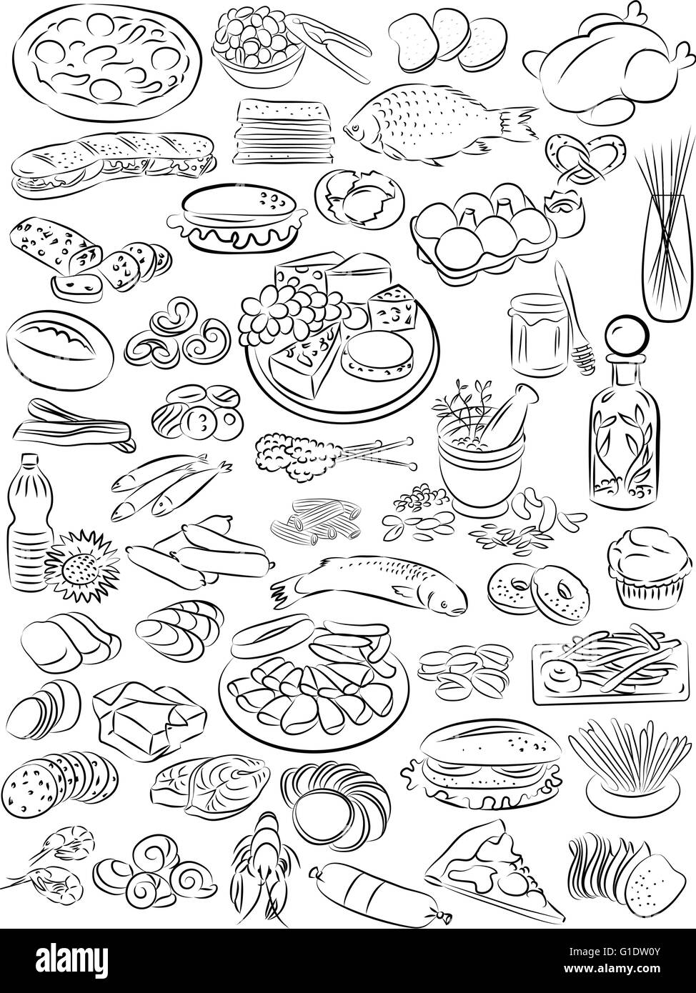 vector illustration of food collection in line art mode Stock Vector