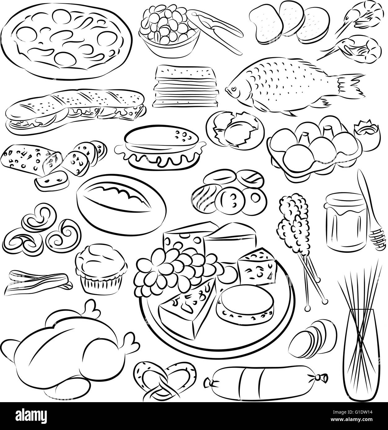 vector illustration of food collection in black and white Stock Vector