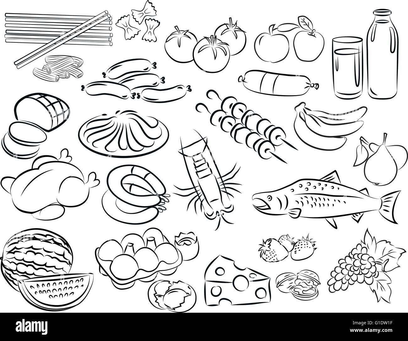 vector illustration of foods collection in black and white Stock Vector