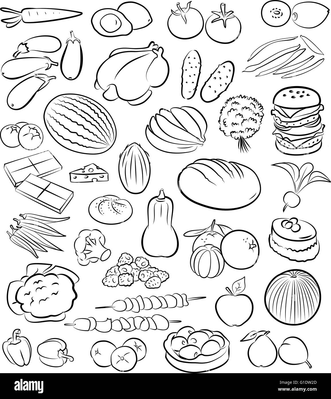 vector illustration of food collection in line art mode Stock Vector