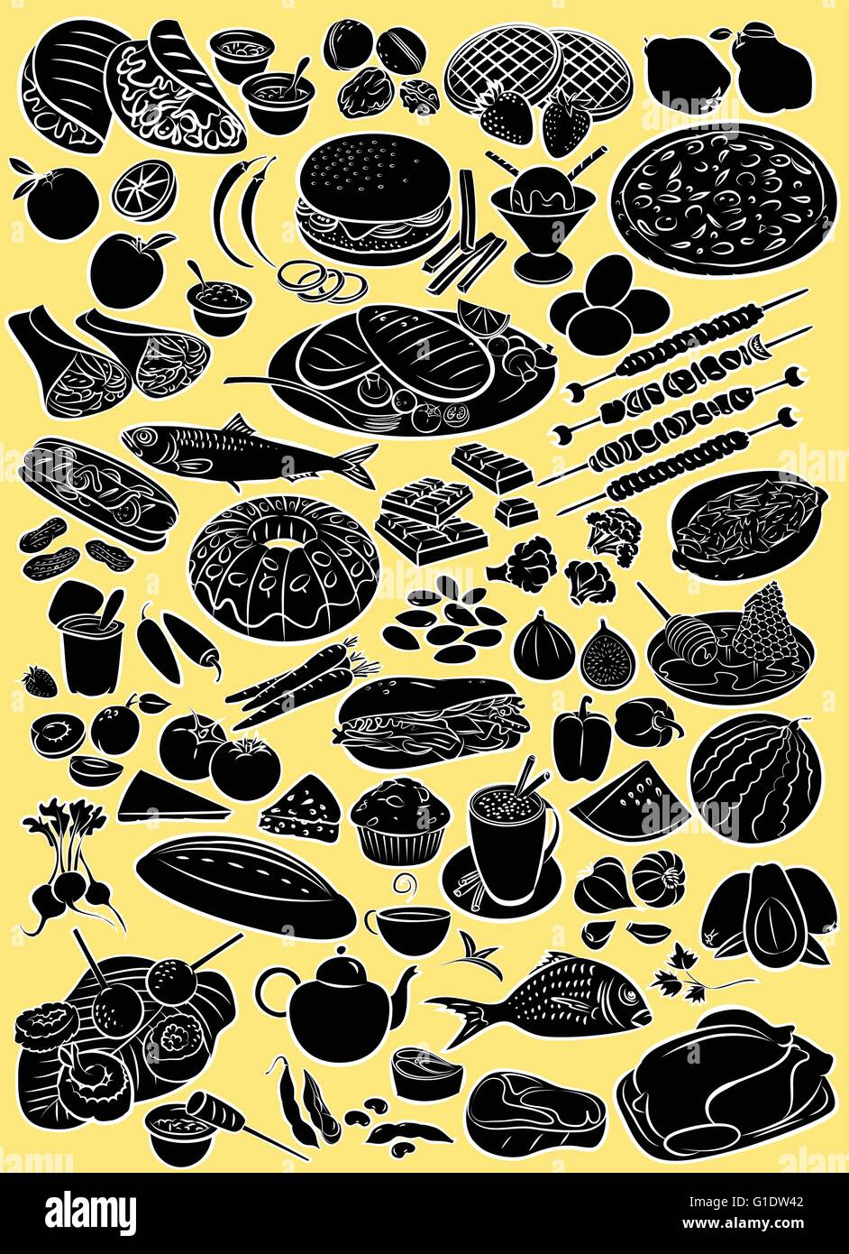 Vector illustration of food collection in silhouette mode on yellow background Stock Vector