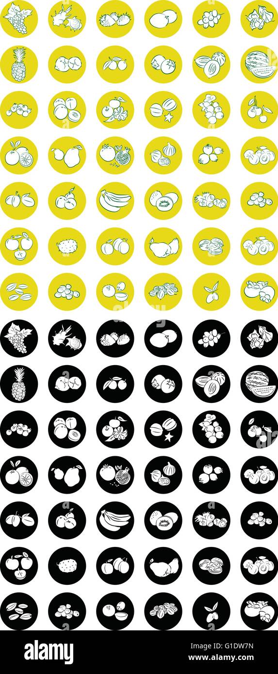 Vector Illustration of fruits icon set in black and white and line art ...