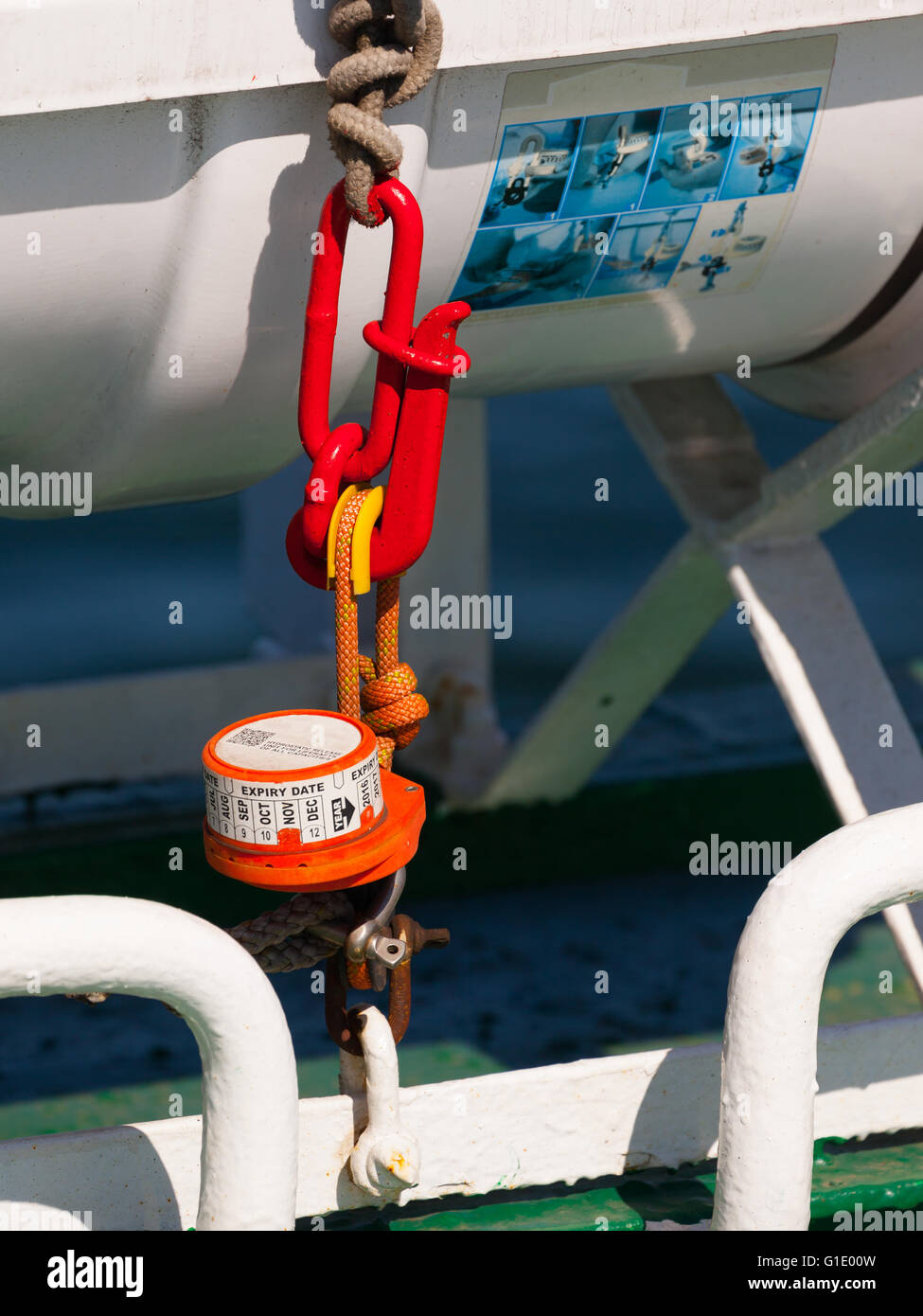 Hydrostatic release mechanism unit for liferaft with expiry date. Stock Photo