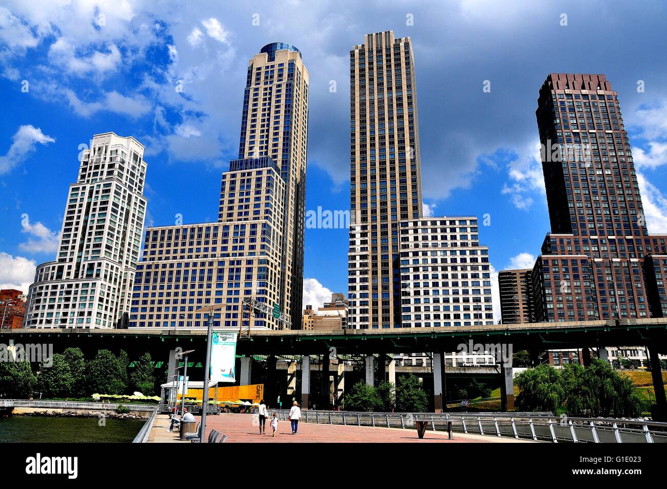 New York City:  Modern high-rise luxury apartment towers, many built by Donald Trump, overlook Riverside Park Stock Photo