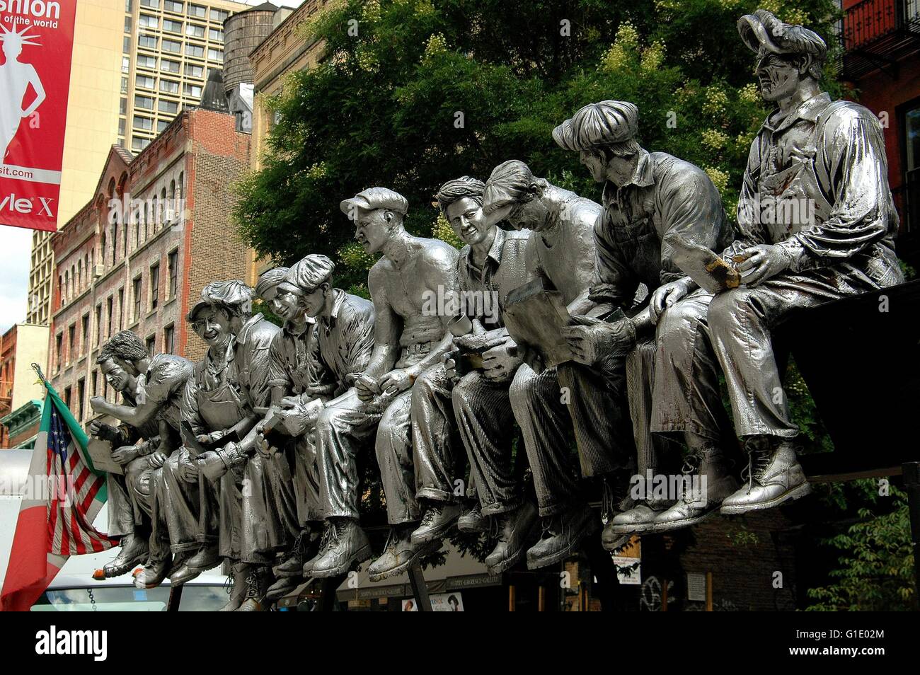 New York City Sculpture of iron workers having lunch sitting on a