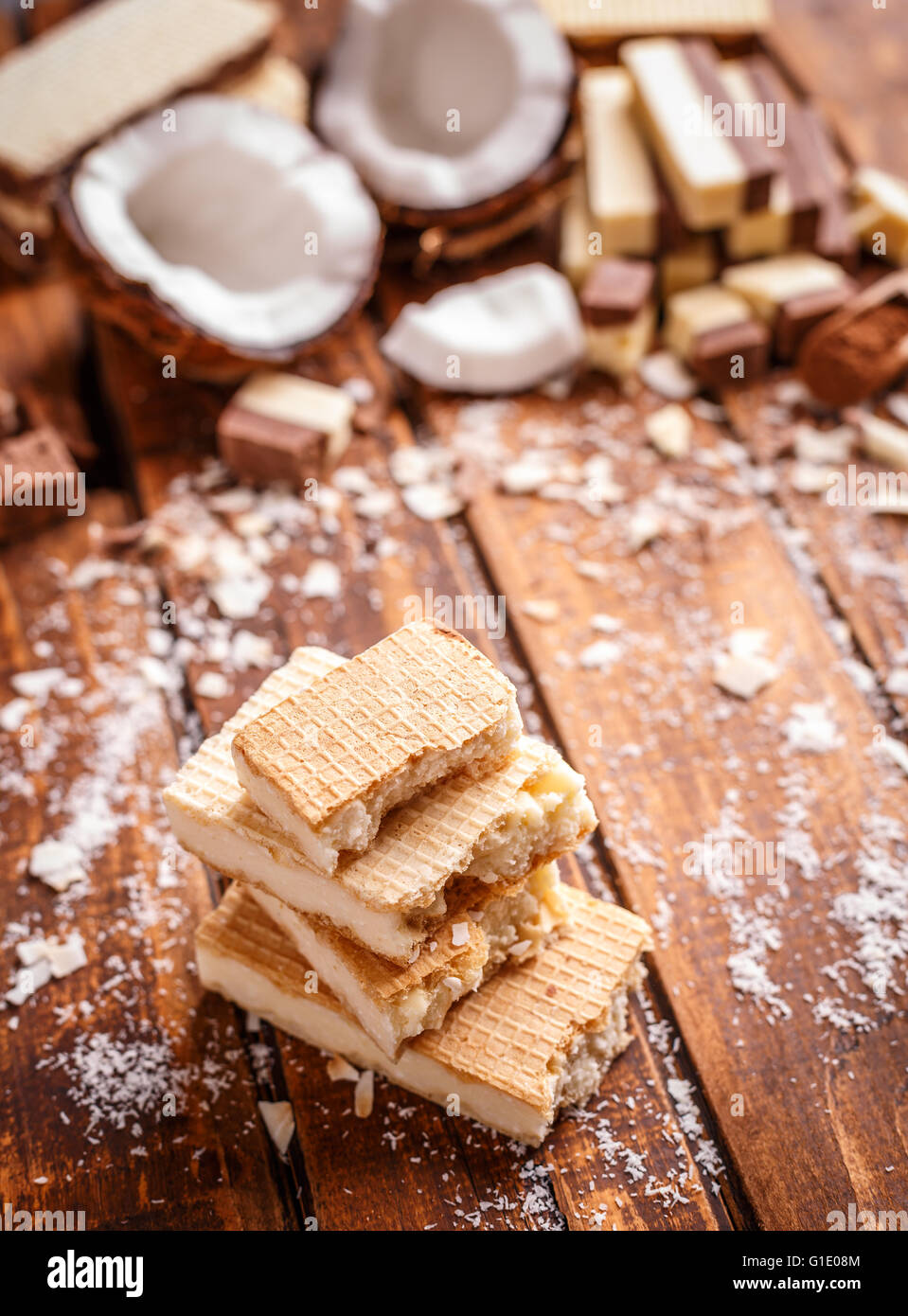 Stack of wafer sandwiches with homemade white chocolate Stock Photo