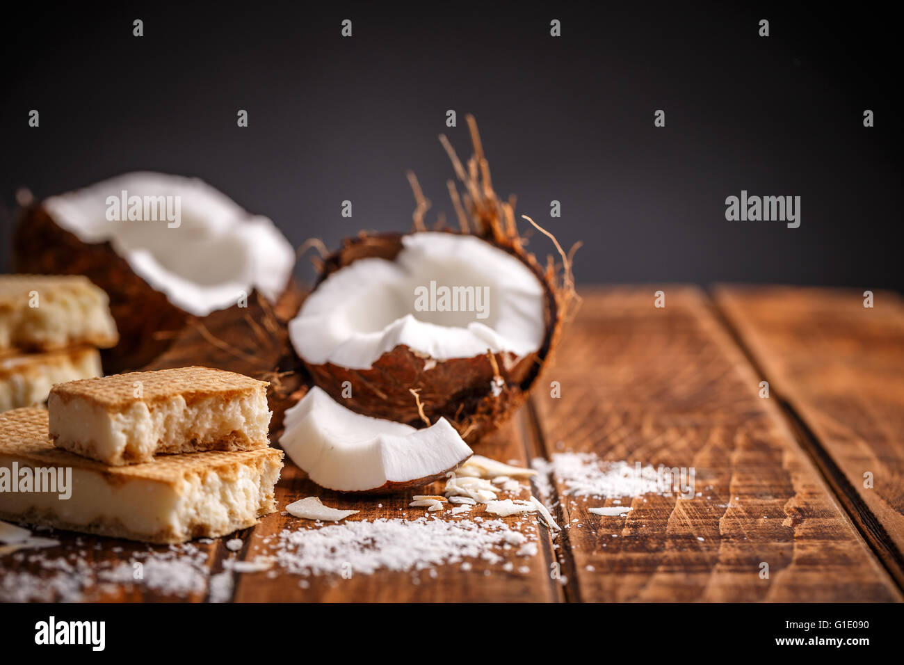 Homemade chocolate wafers on wooden background Stock Photo