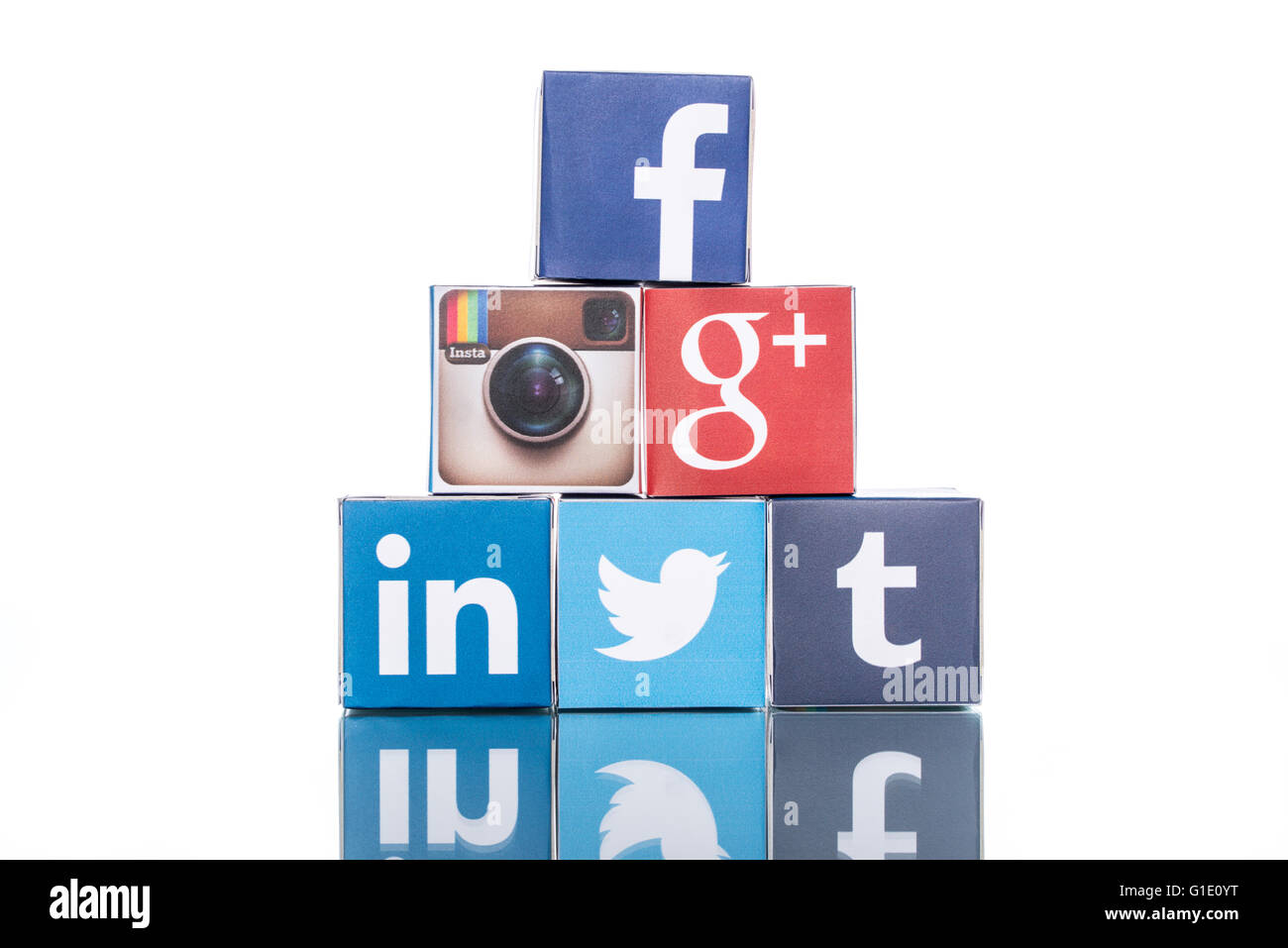 Taichung, Taiwan -  November 10, 2015: Cubes with logotypes of social media: Facebook, Twitter, Google Plus, Instagram, Linkedin Stock Photo