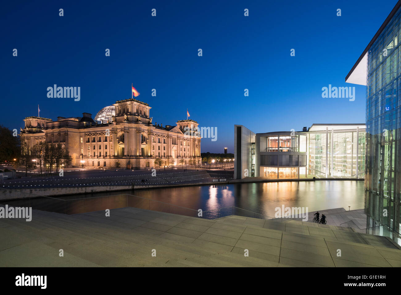 Night view of The Reichstag parliament building ,Paul Lobe Haus and Marie Elisabeth Luders ( Lueders) Haus government buildings Stock Photo