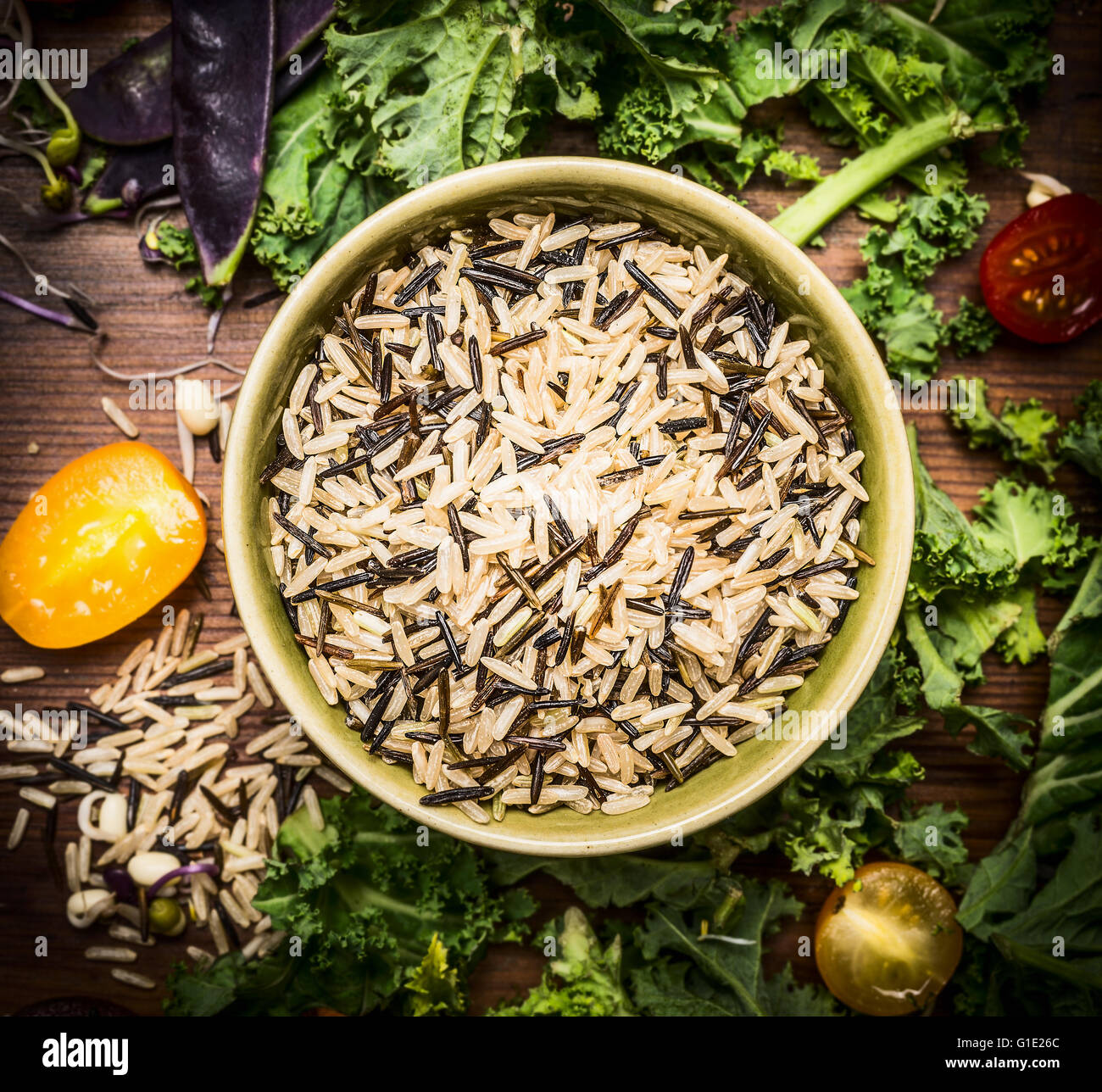 Wild rice with vegetables ingredients, close up, top view. Vegetarian