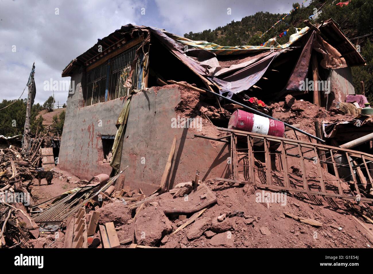 Dengqen. 13th May, 2016. Photo taken on May 13, 2016 shows a collapsed house in Guodong Village, Kata Township of Qamdo City, southwest China's Tibet Autonomous Region. A 5.5-magnitude earthquake hit Dengqen County in Tibet's Qamdo City on Wednesday morning. Eighty-three out of 689 families' houses in Kata Township collapsed in the quake. Credit:  Jigme Dorje/Xinhua/Alamy Live News Stock Photo