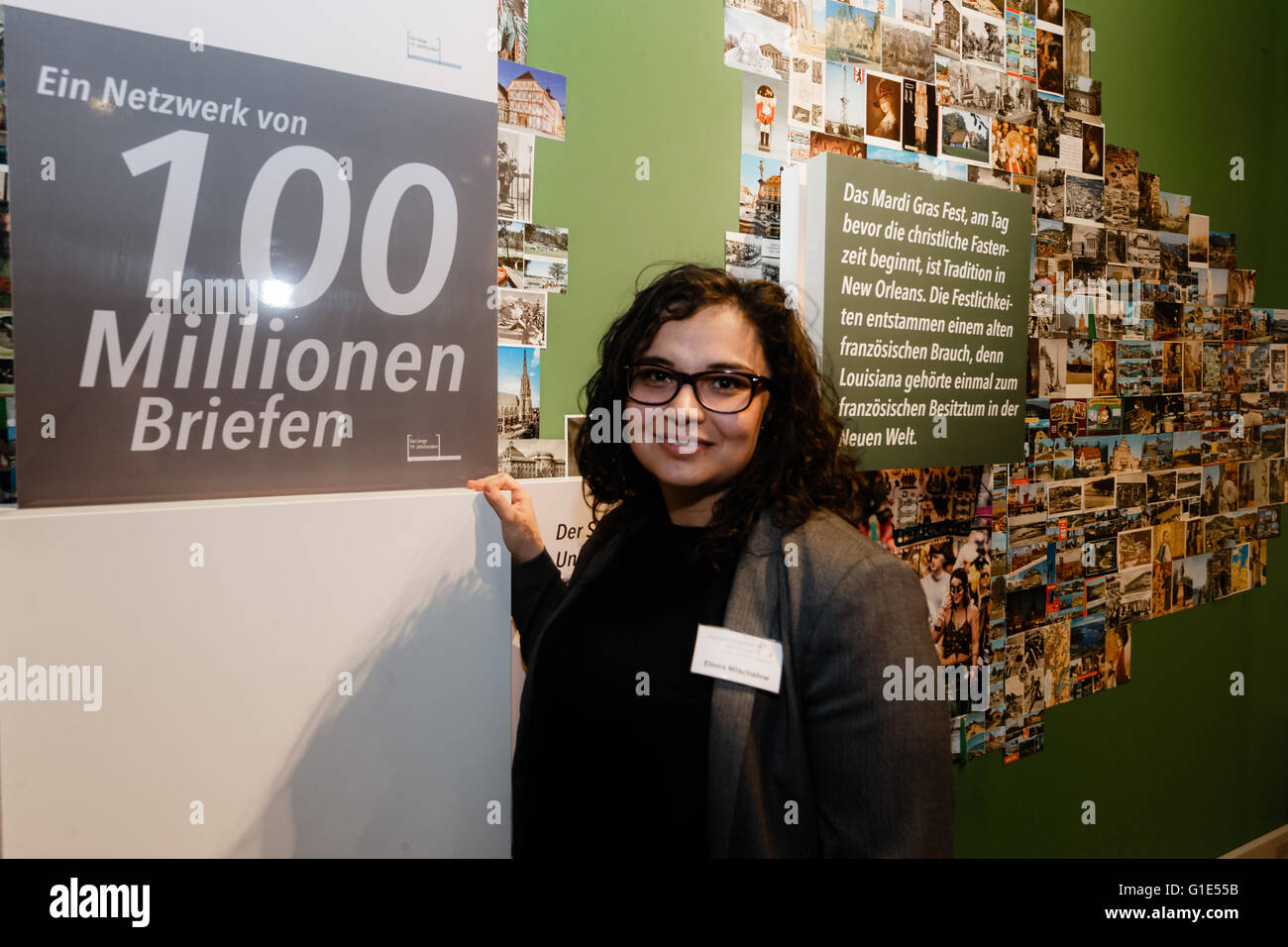 Hamburg, Germany. 13th May, 2016. Curator Elmira Mitschailow at the Auswanderermuseum (Emigration Museum) in Hamburg, Germany, 13 May 2016. Today, the museum reopens after a prolonged closure with a newly conceptualised exhibition. PHOTO: MARKUS SCHOLZ/dpa/Alamy Live News Stock Photo