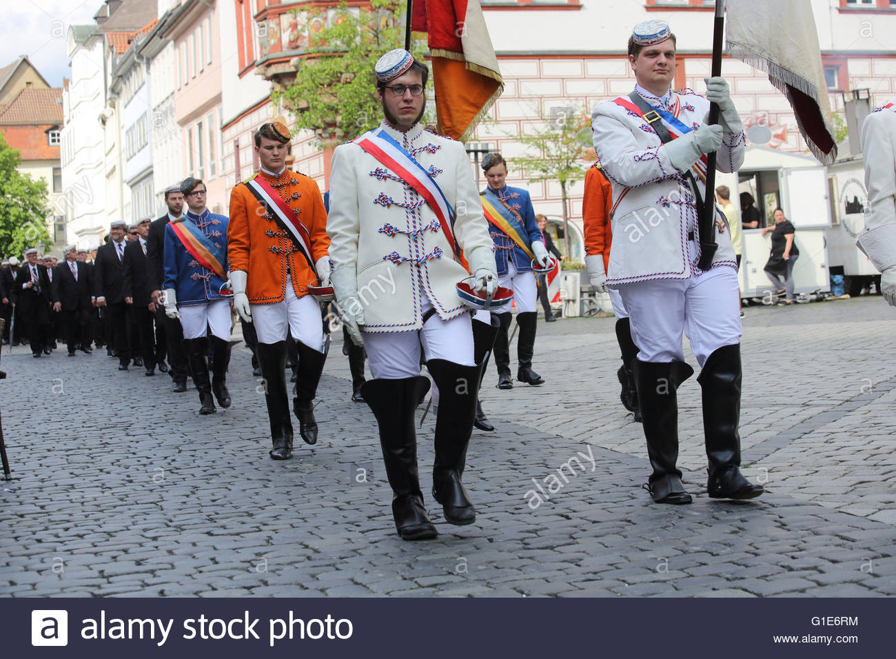 Coburg, Germany. 13th May, 2016. The annual Coburg Convent weekend has begun with a parade through the town. Each Whitsun student associations gather in Coburg in Bavaria to celebrate the tradition of young students' associations which today encompasses about 100 separate organisations and has an overall membership of around 10,000 members. Credit:  reallifephotos/Alamy Live News Stock Photo