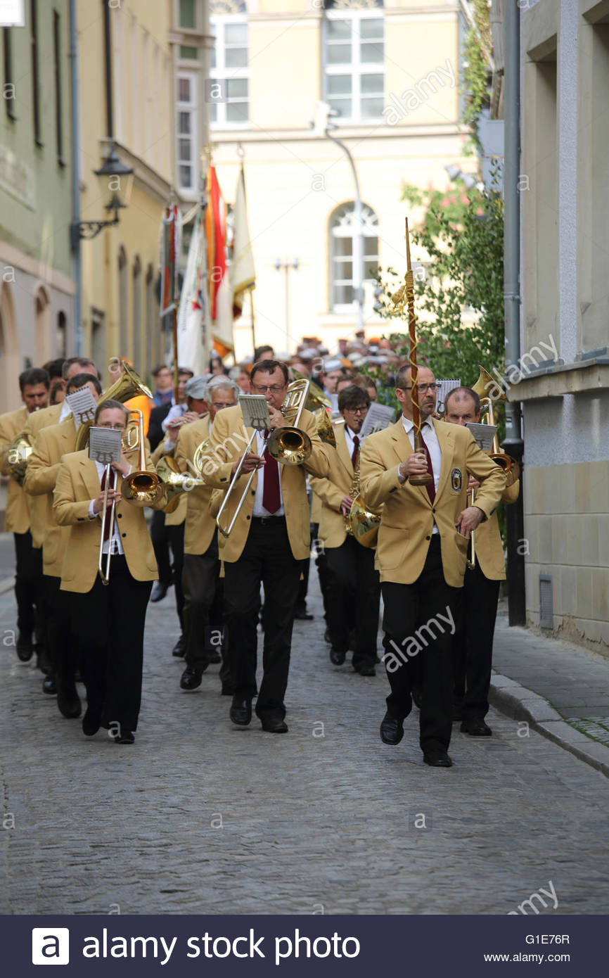 A brass band performs in Coburg, germany at the start of the famous Coburger Convent weekend when student associations gather. Stock Photo