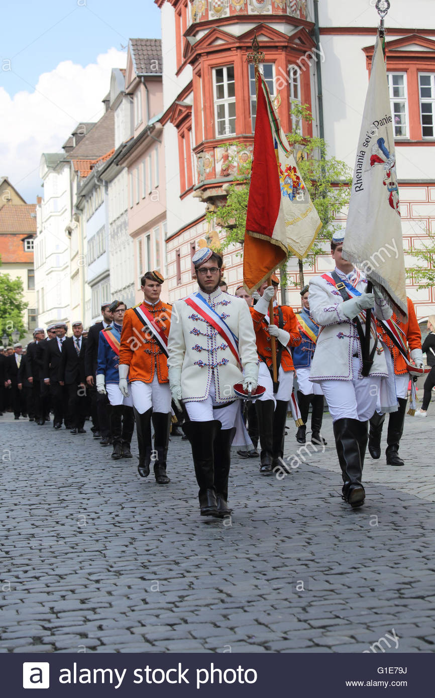 Coburg, Germany. 13th May, 2016. The annual Coburg Convent weekend has begun with a parade through the town. Each Whitsun student associations gather in Coburg in Bavaria to celebrate the tradition of young students' associations which today encompasses about 100 separate organisations and has an overall membership of around 10,000 members.The event is officially opened from the balcony of the town hall. Credit:  reallifephotos/Alamy Live News Stock Photo