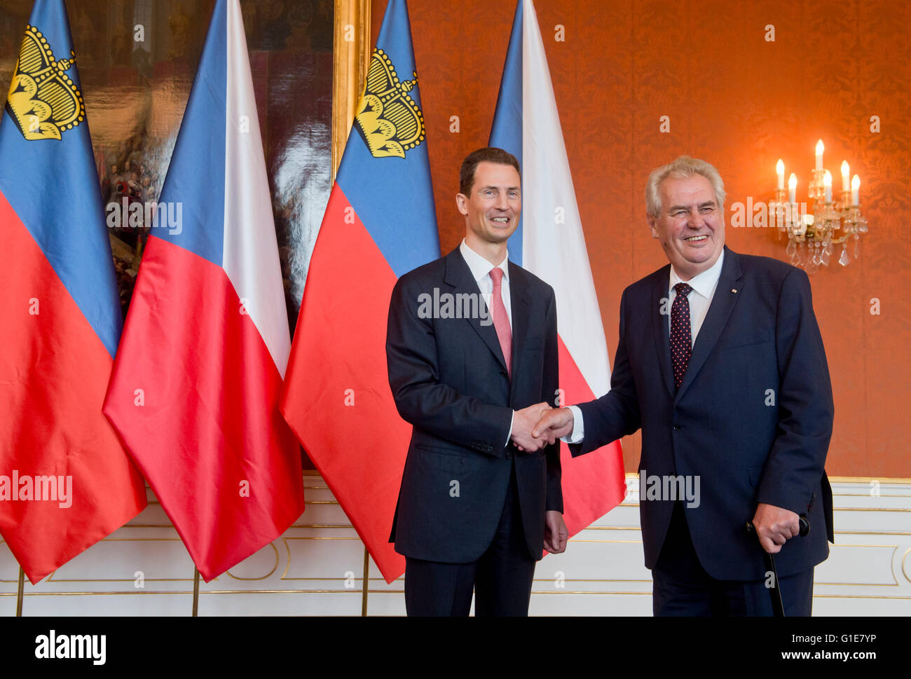 Czech Republic's President Milos Zeman, right, welcomes Alois, Hereditary Prince of Liechtenstein at the Prague Castle in Prague, Czech Republic, Friday, May 13 2016. Alois is to Czech Republic on a visit to celebrate 700th anniversary of birth of Charles IV. (CTK Photo/Vit Simanek) Stock Photo