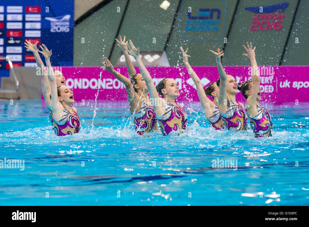 Aquatics Centre, Olympic Park, London, UK. 13th May 2016. The British team perform their artistic swimming or synchronised swimming routine, and eventually take 8th place. The team from Ukraine win gold with 94.000 points overall, silver goes to Italy with 91.2333 points and bronze to Spain with 89.6667 points  in the Team Free Routine Synchronised Swimming Finals. Credit:  Imageplotter News and Sports/Alamy Live News Stock Photo