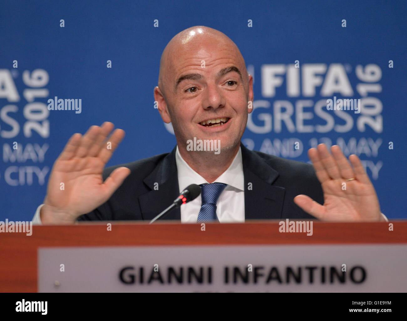 Mexico City, Mexico. 13th May, 2016. Gianni Infantino, president of the International Federation of Association Football, participates in the 66th Congress of FIFA, in Mexico City, capital of Mexico, May 13, 2016. The 66th Congress of FIFA concluded here on Friday. Credit:  Str/Xinhua/Alamy Live News Stock Photo