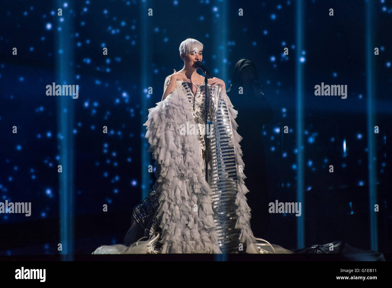Stockholm, Sweden. 13th May, 2016. Rehearsal for Grand Final of 61st Eurovision Song Contest 2016. Stockholm, Sweden. 13th May, 2016. Nina Kralic from Croatia performing 'Lighthouse'. Credit:  Stefan Crämer/Alamy Live News Stock Photo