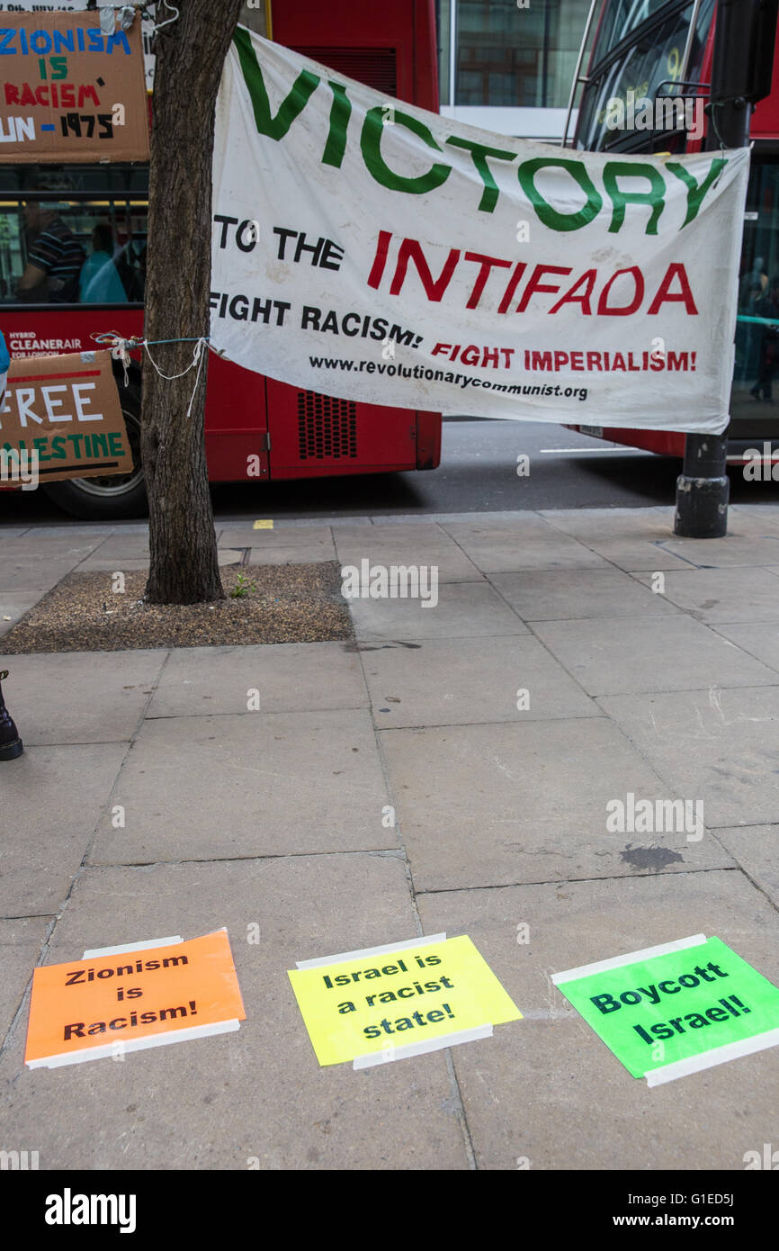 London, UK. 14th May, 2016. A banner and signs used by BDS campaigners ...