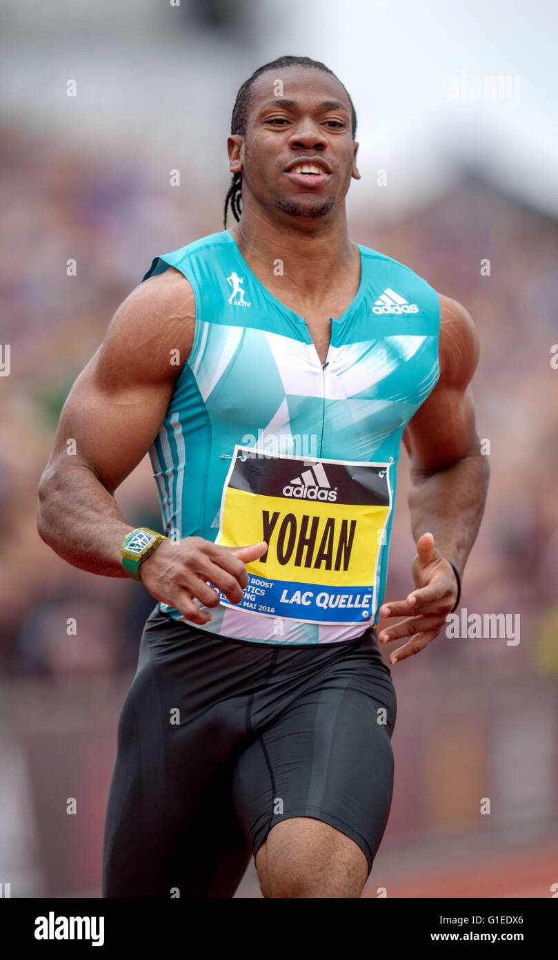 Yohan Blake from Jamaica during a 100 meter sprint at the Adidas sports  ground in Herzogenaurach, Germany, 14 May 2016. 300 international athletes  meet in Herzogenaurach for the Adidas Boost Athletics Meeting.