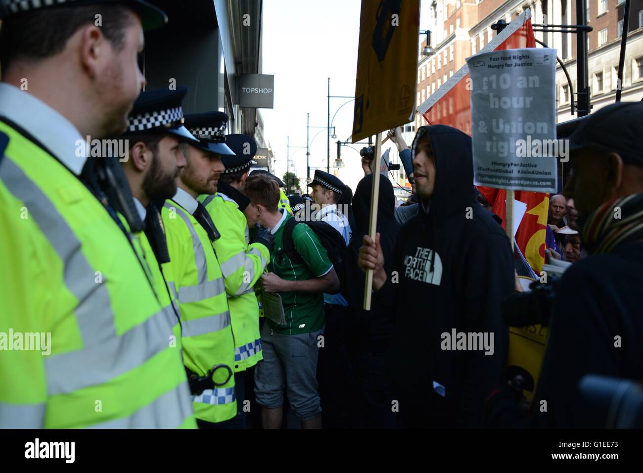 London, UK. 14th May 2016. Protesters try to storm another Topshop store following previous clashes Credit: Marc Ward/Alamy Live News Stock Photo