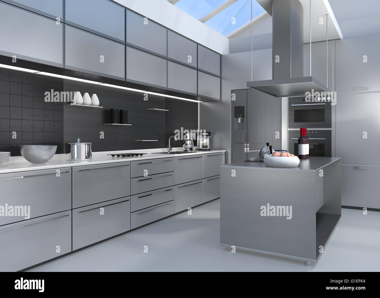 Modern kitchen interior with smart appliances in silver color coordination. 3D rendering image. Stock Photo