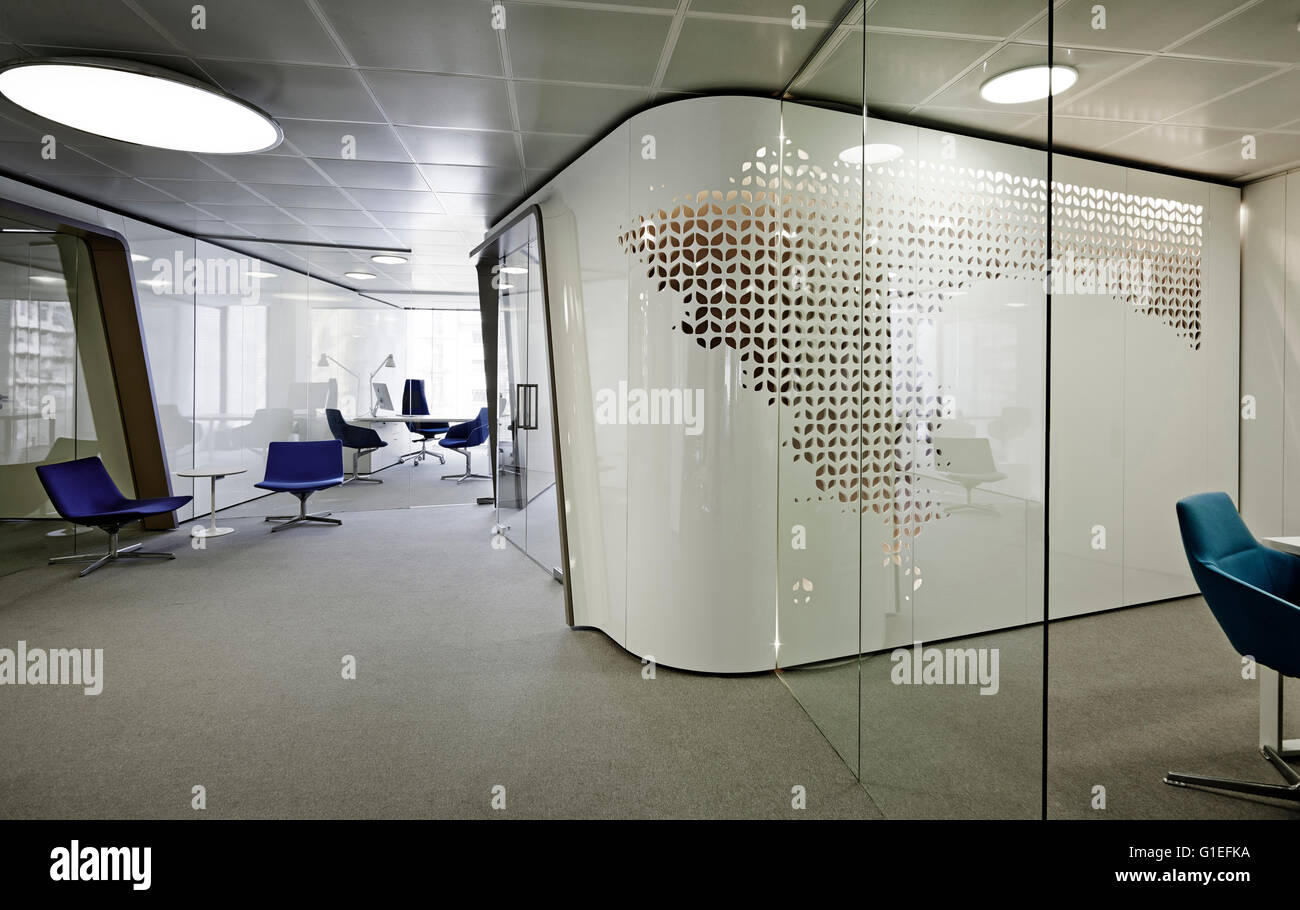 Inaugure Offices, Barcelona, Spain. Open plan modern office with glass work cubicle. Stock Photo