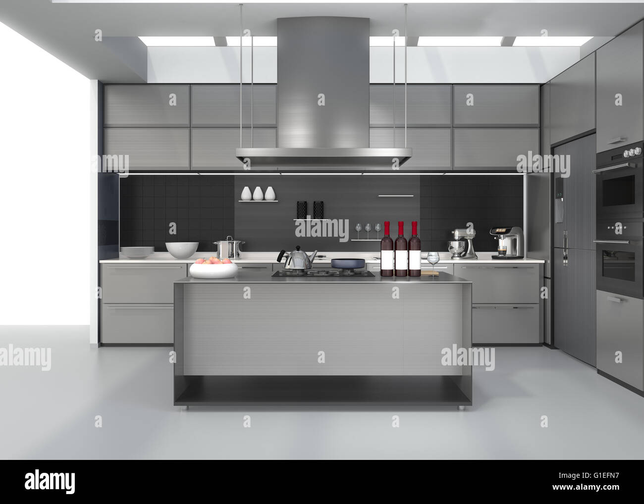 Modern kitchen interior with smart appliances in silver color coordination. 3D rendering image. Stock Photo